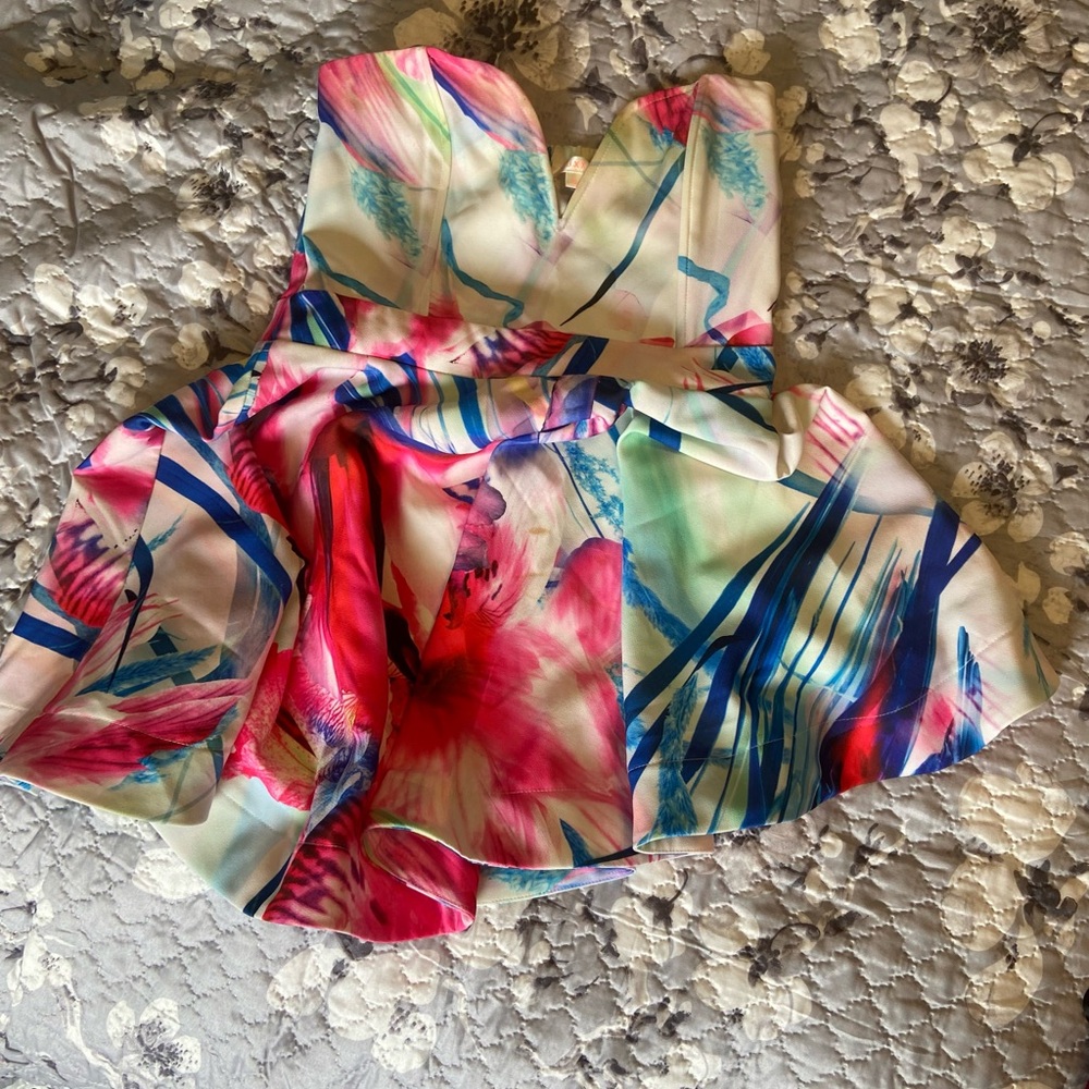 Luxxel Red and Blue Asymmetrical Bustier Blouse
